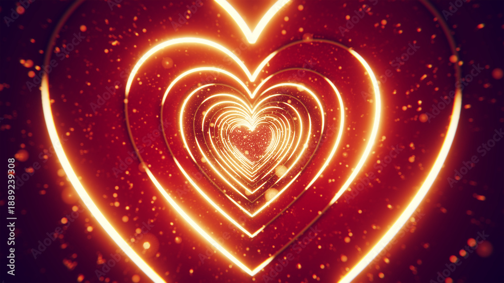 Fototapeta premium Glowing heart shapes forming an endless tunnel with sparkling particles on a red background