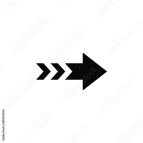 Dynamic black right arrow with chevron design signifies forward motion progress and direction. Versatile for web design presentations and instructional graphics guiding users.