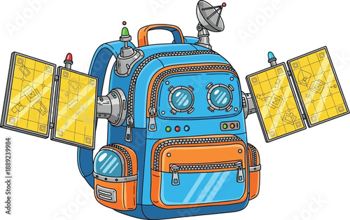 Futuristic blue and orange backpack with solar panels and satellite dish, sci fi adventure gear, travel innovation, technology accessory