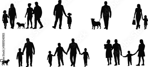 Silhouettes of families walking with children and pets, concept of parenting, family lifestyle, childhood, bonding, outdoor activities, everyday life, love, care and togetherness