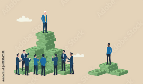 Economic inequality, rich unfair income, different money concept, white rich businessman high to meeting team salary dollar tower poor black man low dollar note stack