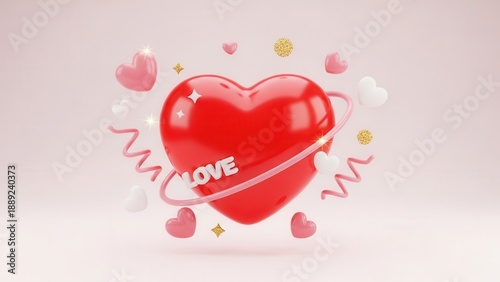 Single red heart with the word love on a pink background with hearts and sparkles