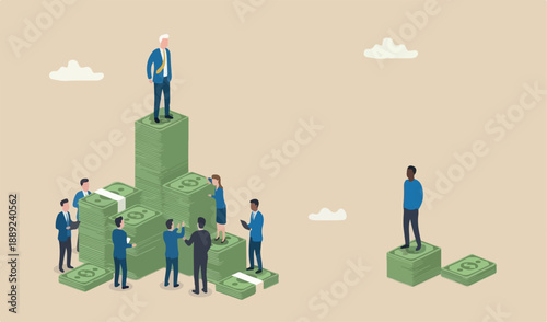 Economic inequality, rich and unfair income, different money people concept, white rich businessman high in to meeting team salary dollar tower poor black man low dollar note stack.