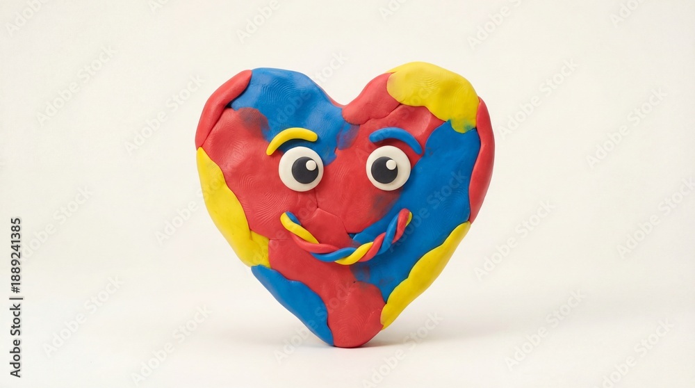Fototapeta premium Plasticine heart with smiling face, handmade clay love symbol, happy character, diy art, play dough craft, valentine concept, red blue yellow modeling dough, creative childhood hobby.