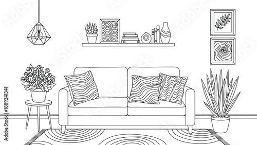 A cozy living room with a sofa adorned with wave-patterned pillows. A shelf above holds books and decor. Plants and framed art add vibrancy. Modern, minimal vibe.