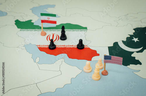 USA and Iran geopolitical conflict on world map