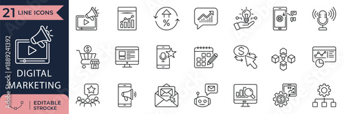 Digital Marketing Social Media SEO Advertising Online Vector Icon Set