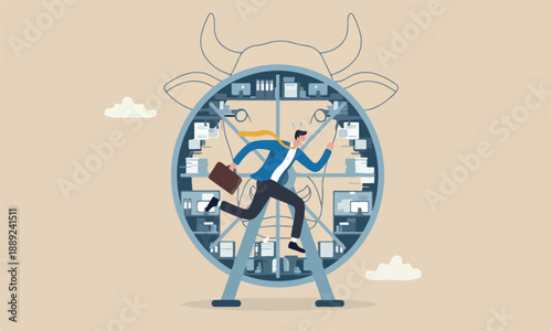 Office salary man or of overwork, inefficient or work hard trap that never finish concept, frustrated businessman in hurry running in rat race wheel.