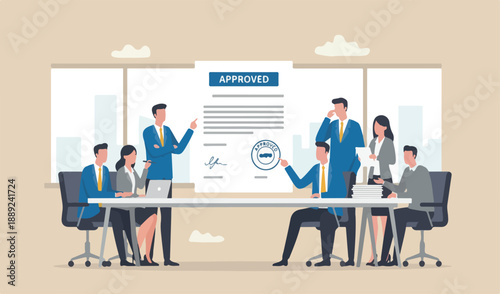 Work permit document approved, contract agreement athority,employment stamp signature, permission concept, businessman team meeting employee approved permit paper.