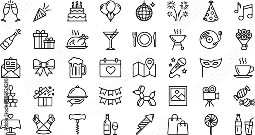 Celebration and Party Planning Line Icons Set for Events, Festivals, and Social Gathering Design Projects

