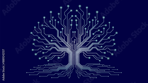 Digital tree of growth with pulsing cyan and blue circuit pathways, symbolizing startup innovation, technological sustainability, business development, scalable systems, and futuristic eco friendly te