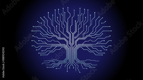 Digital tree of growth with pulsing cyan and blue circuit pathways, symbolizing startup innovation, technological sustainability, business development, scalable systems, and futuristic eco friendly te