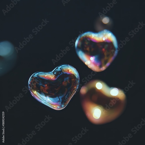 Floating heart-shaped bubbles over a dark background, macro photography, iridescent reflections
