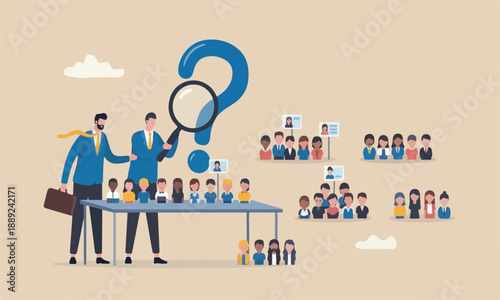 HR, human flag red meeting teams together fit in job or career vacancy, diversity, people management or searching for best employee concept, business people human resources team looking at people doll