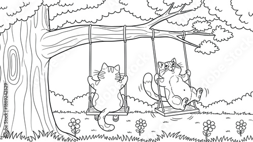 Two cartoon cats enjoy swinging from tree branches in a park. They appear relaxed and happy, surrounded by grass and flowers, conveying a playful tone.