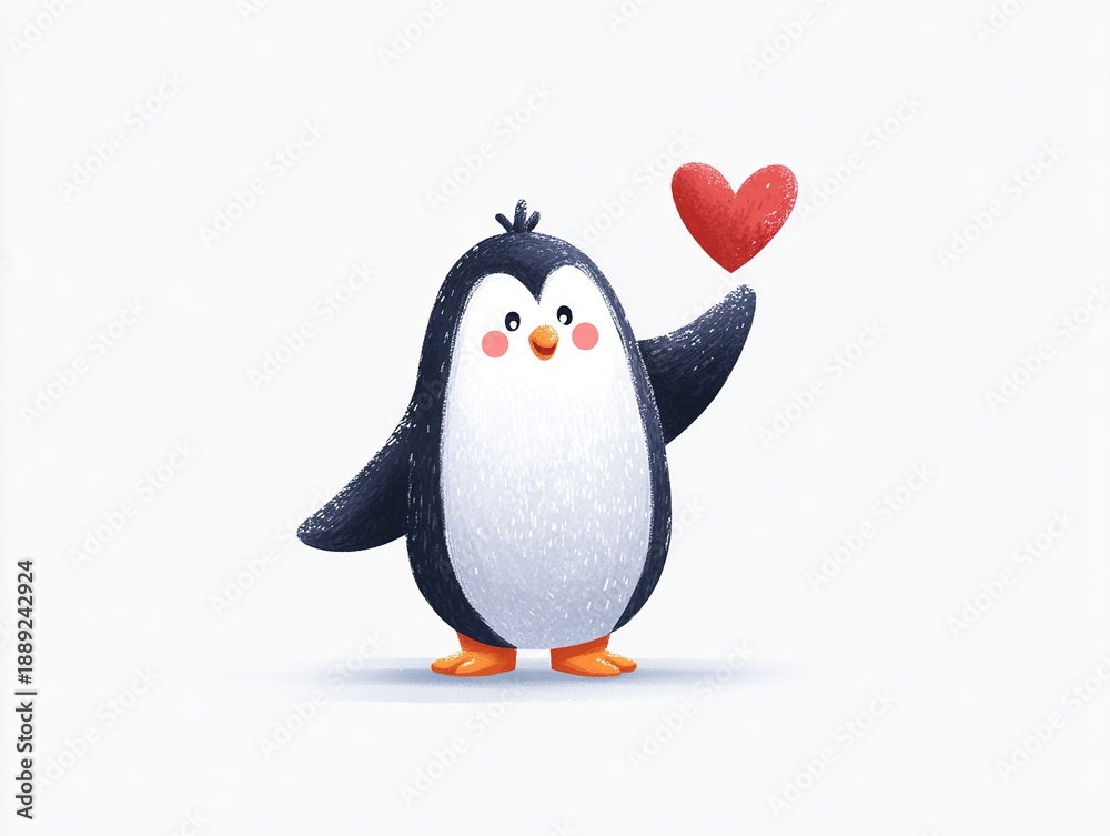 Fototapeta premium Cute Penguin Holding Heart Love Illustration Isolated on White