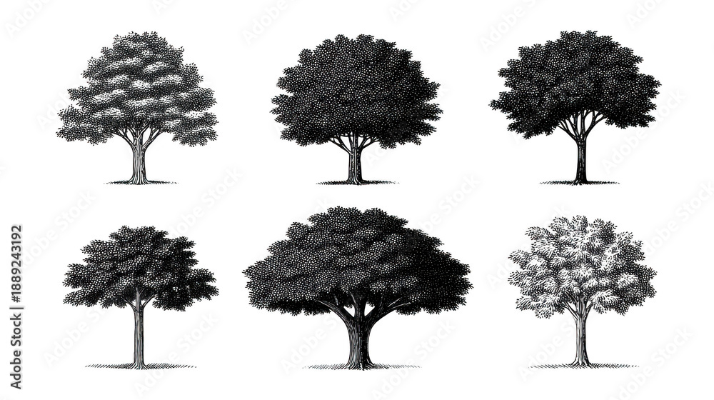 Fototapeta premium Six hand drawn tree illustrations, each with unique foliage and trunk shapes, isolated on transparent background, perfect for landscape design, educational material, or creative projects