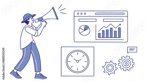 A person announcing marketing strategies with data charts and time management silhouette