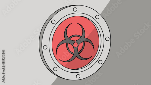 A circular biohazard sign with a dark red design presented as a striking silhouette