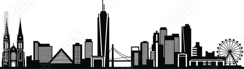 City skyline with skyscrapers and Ferris wheel silhouette on transparent  background
