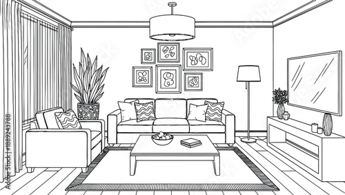 Line drawing of a modern living room with a sofa, armchair, and coffee table. Art on walls, large plant, rug, and floor lamp convey a cozy atmosphere.