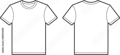 Front and back view of blank white t shirts with short sleeves and crew neck  simple line drawing