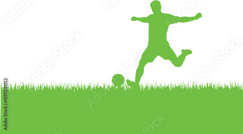 Green silhouette of a man kicking a ball on a grass field  action sport scene