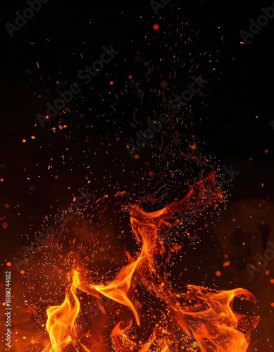 Vibrant orange flames illuminate the dark background with rising sparks and embers.