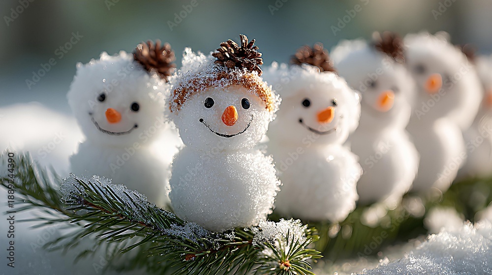 Obraz premium A group of adorable, small decorative snowmen sitting in a line on a frosty evergreen branch. Bright winter sunlight and soft bokeh background create a festive and joyful atmosphere
