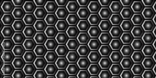 Seamless futuristic modern hexagon pattern. Very tight and symmetrical layout. The outline of the hexagon is metallic silver with dark shadows. vector