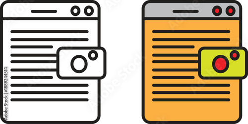 Browser window document and camera icon illustration, modern flat outline UI design for web pages, blogging platforms, digital media and content creation