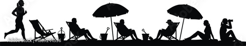 People relaxing on beach with silhouettes of individuals in various leisure activities on sand