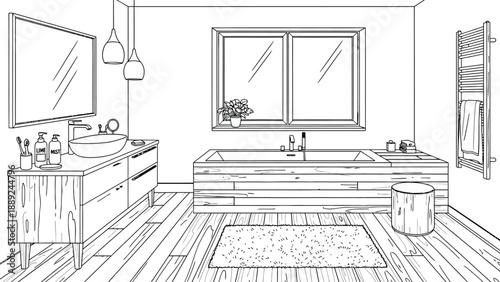 Modern bathroom illustration with a wooden sink cabinet, large mirror, hanging lights, and a bathtub under a window. Features a stool, plant, and fluffy rug.