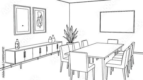 Minimalist dining room sketch features a rectangular table with eight chairs, a sideboard with decor, wall art, and a potted plant, creating a modern vibe.