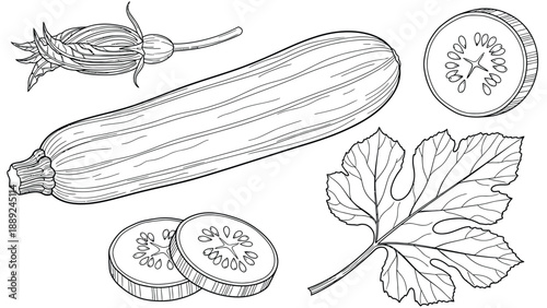 Line drawing of a zucchini with a blossom, leaf, and sliced pieces. The detailed sketch highlights textures, giving a natural and fresh impression.