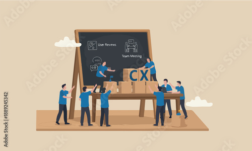 Customer industrial meeting teams together with blue team uniform building cube wooden block with acronym CX on table with blackboard, user review or feedback.