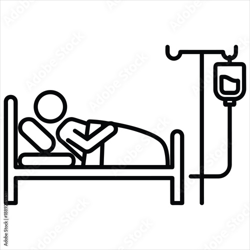 Patient in hospital bed with IV drip icon, representing healthcare, medical care, illness, and recovery in clean line art.