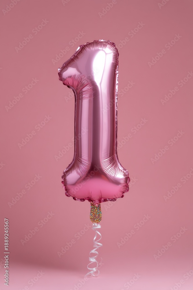 Obraz premium Pink foil balloon shaped like number one, floating against a soft pink background, creating a festive atmosphere with ample copy space