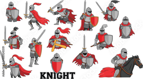Medieval knight character illustration set with armored warriors holding swords and shields, battle poses and combat scenes for fantasy design, games, history art, and storytelling