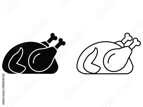 Simple vector icons of a roasted chicken in black and white silhouette and outline styles, perfect for food blogs and recipes.