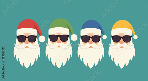 A minimalist flat vector of four stylized Santa faces in a row, with beards, sunglasses, and colorful winter hats. Clean shapes, muted colors, playful and modern design on a teal background