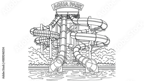 Water park scene with multiple twisting water slides leading into a pool. The structure is labeled "Aqua Park," set against a backdrop of trees.