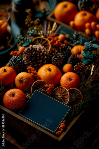 Moody Holiday Crate With Mandarins, Pinecones, Dried Orange Slices And Juniper Berries On Dark Wooden Table, Warm Bokeh Lights, Rustic Festive Styling Evoking New Year And Christmas Nostalgia