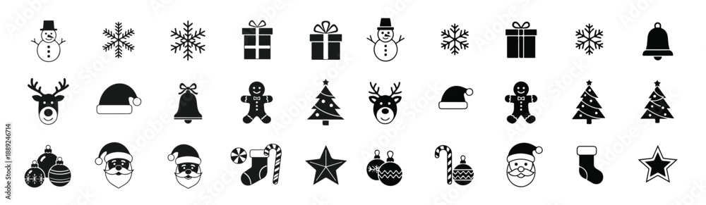 Fototapeta premium A set of minimalist Christmas and winter icons in a grid on a white background. Flat vector style with solid black shapes, simple geometry, and a modern festive look