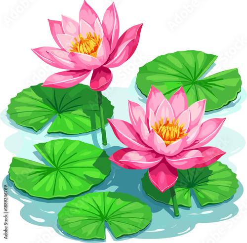 Pink water lilies (lotus flowers) growing on water with green floating leaves. Calm, natural spring-themed floral elements associated with peace, harmony, Mother’s Day, wellness and nature scenes