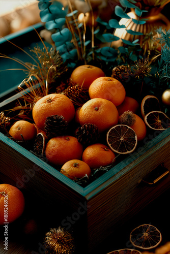 Vibrant Teal Box With Mandarins And Pinecones Arranged As Modern Holiday Flatlay, Close Up Detail Of Dried Slices, Leaves And Textured Wood, Bold Color Contrast For Social Lifestyle And Seasonal