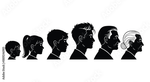 A horizontal row of black human profile silhouettes showing different ages and genders on a white background. Minimalist vector style with clean shapes and smooth edges