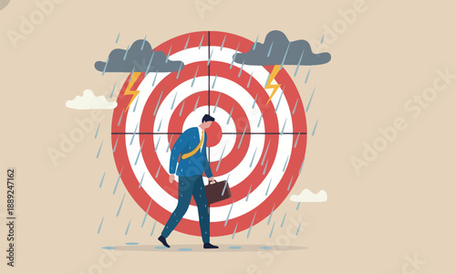 Having bad day, target work, discourage or depression, failure feeling bad or difficulty, having problem and trouble concept, depressed wet businessman walking in raining thunderstorm