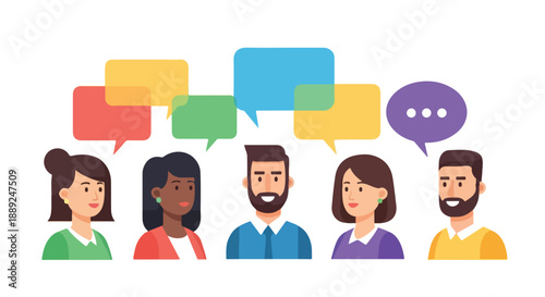 A modern flat vector illustration of diverse people talking with colorful speech bubbles. Vibrant colors, clean shapes, and a friendly teamwork theme on a white background