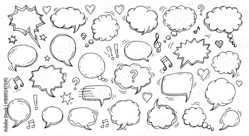 A doodle-style set of speech and thought bubbles drawn in sketchy black lines. Playful, simple, and artistic design on a white background.
